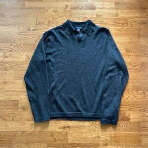 Banana Republic Men Sweater Fine Italian Merino Wool Black Gray Stripe Polo L